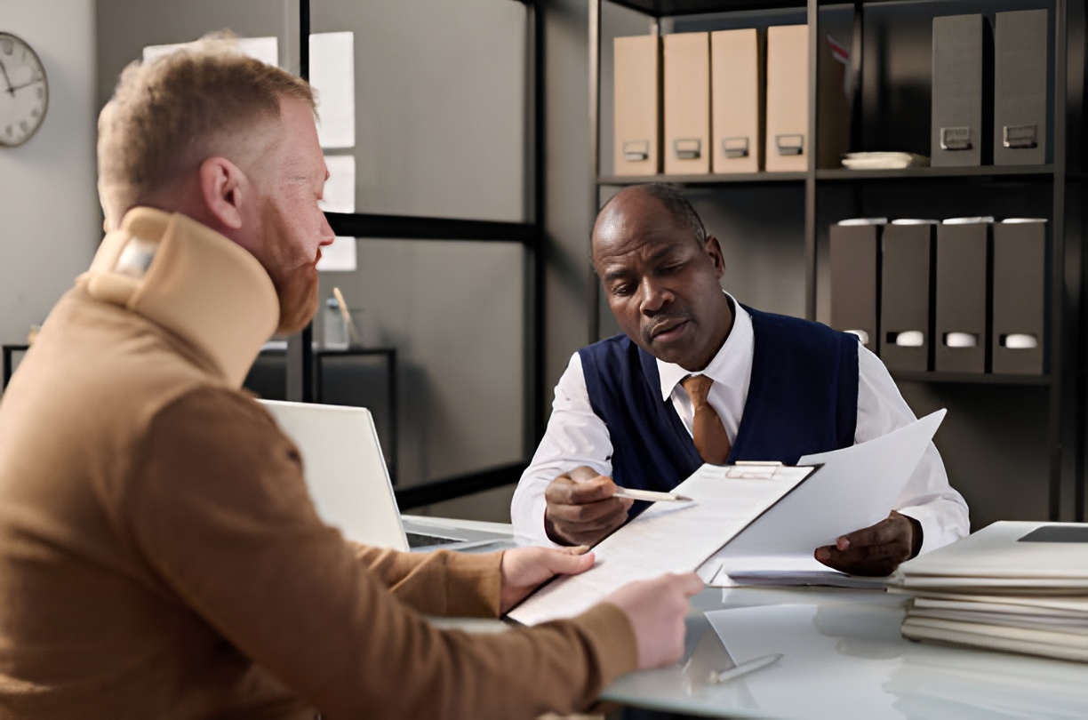 insurance agent helping a man with a neck brace file legal documents